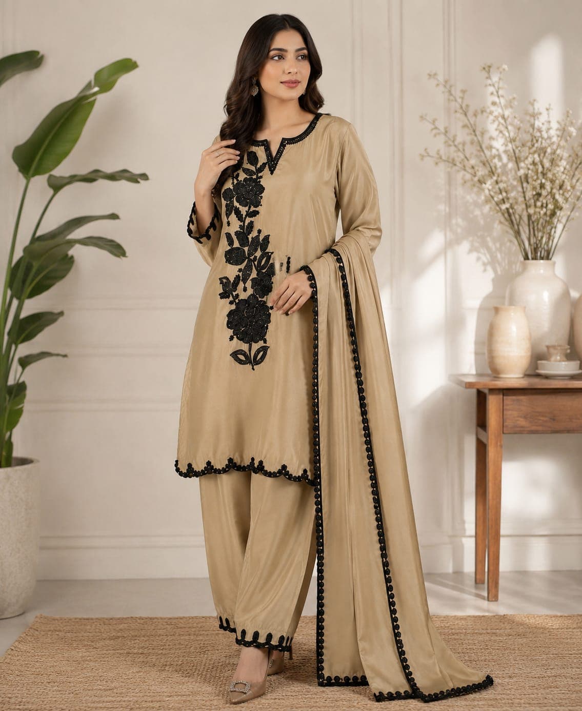 Premium Pakistani Handwork 3 Piece Suit – Beige | Cotton Korean Fabric