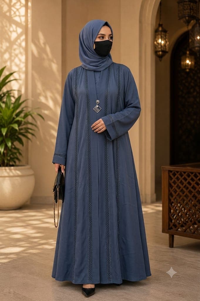 Elegant Dusty Blue Open-Front Abaya with Lace Trim & Statement Pendant